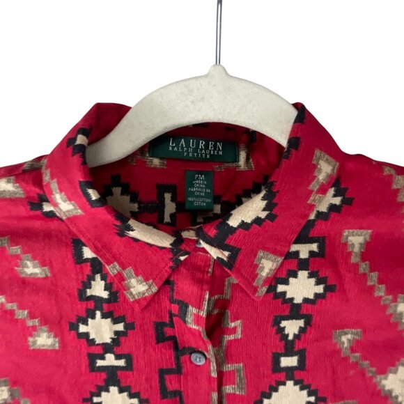 Lauren Ralph Lauren Western Aztec Printed Button-Down Shirt PM Red Tan Cotton - Picture 2 of 9